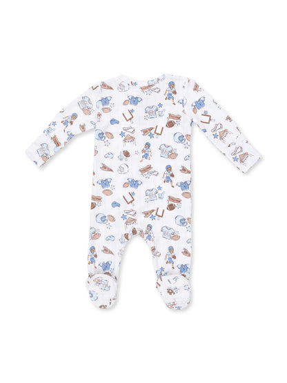 Baby onesie with playful sports-themed patterns in blue and brown on a white background.
