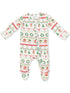 Holiday-themed infant onesie with gingerbread, trees, and festive patterns.