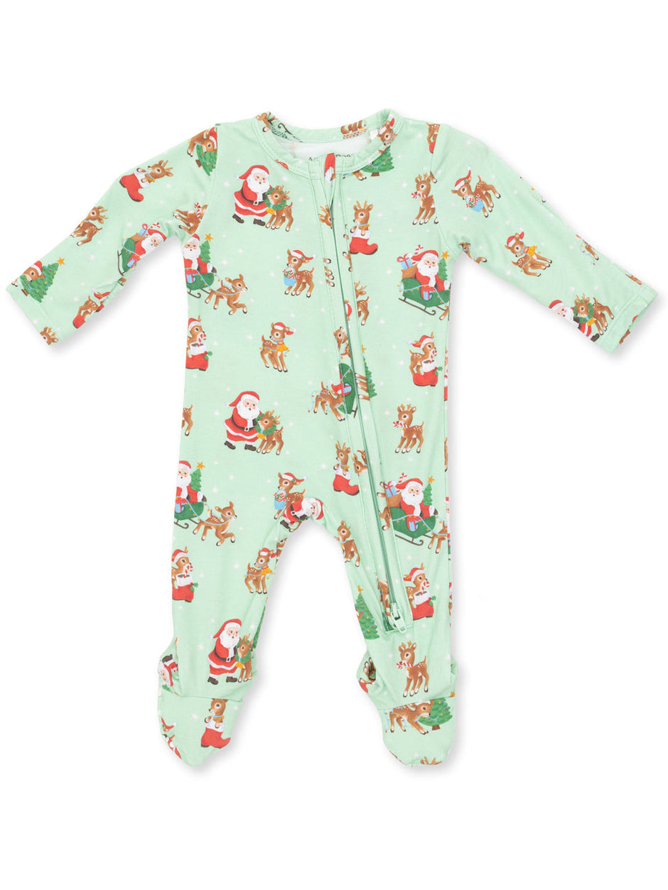 Green infant onesie with festive Santa and reindeer print, featuring long sleeves and a front zipper.