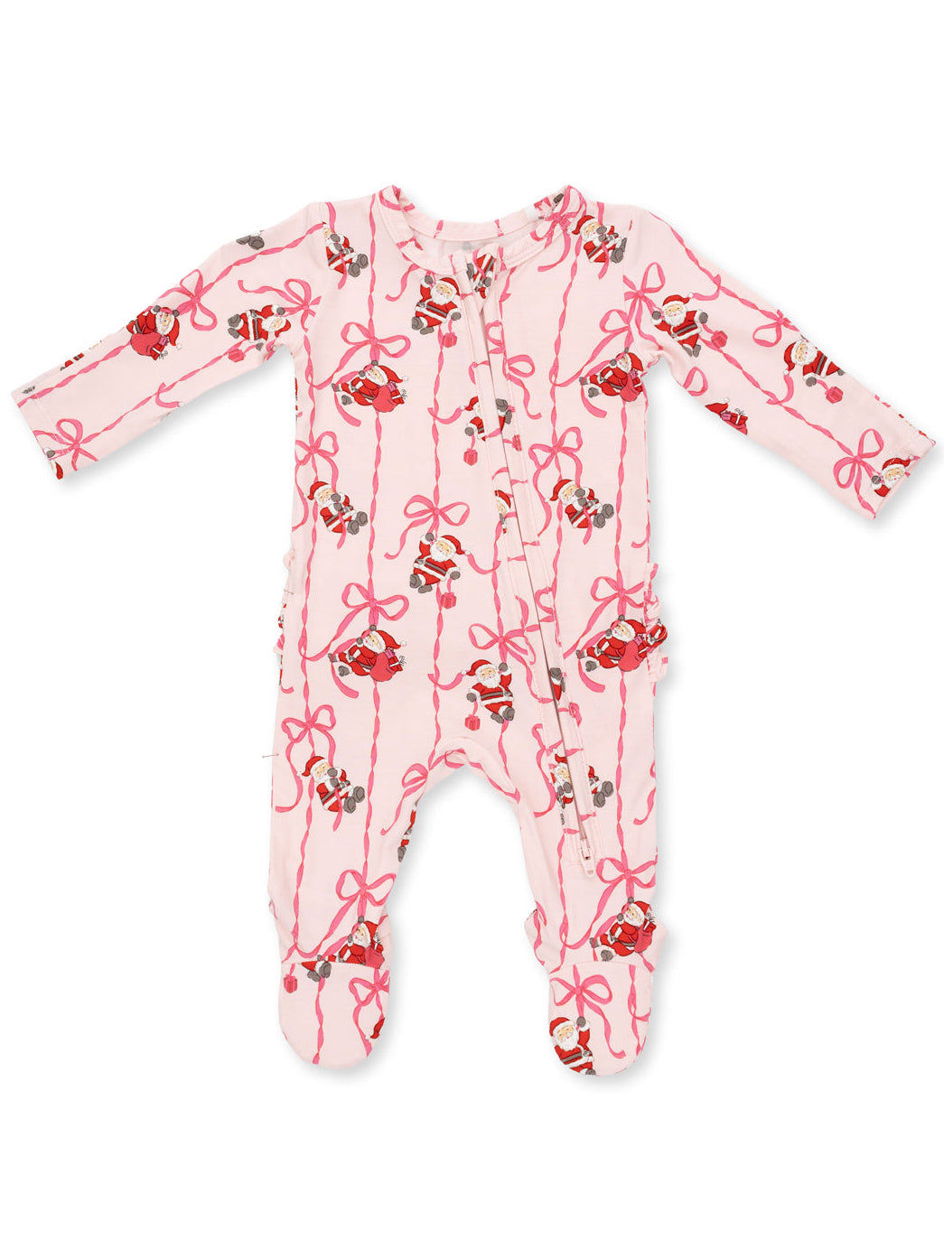 Pink infant onesie decorated with Santa and bow patterns, featuring long sleeves and footed design.