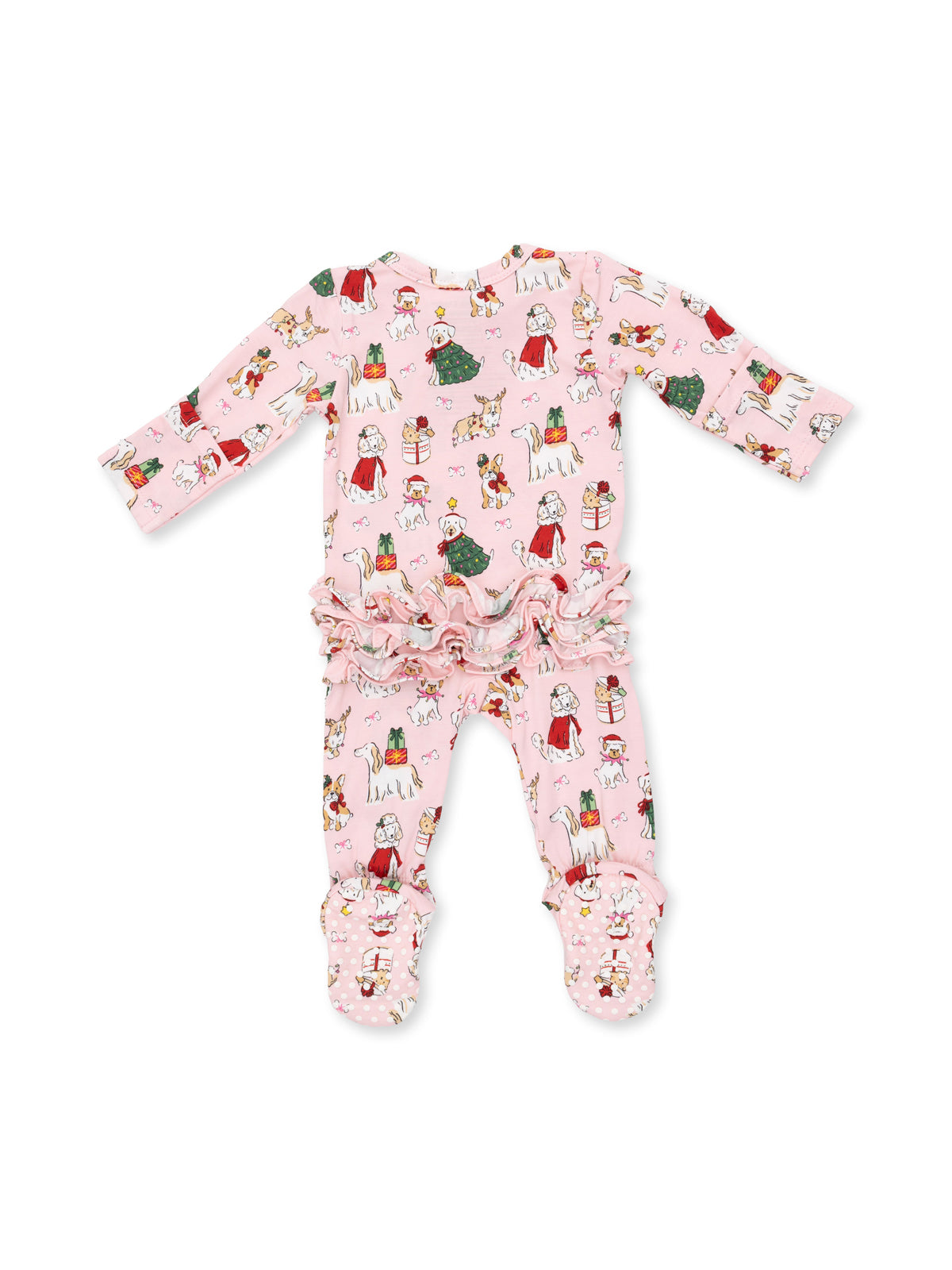 Pink infant pajama with festive patterns including animals, gifts, and ruffles on the rear. Cozy and cute holiday design.