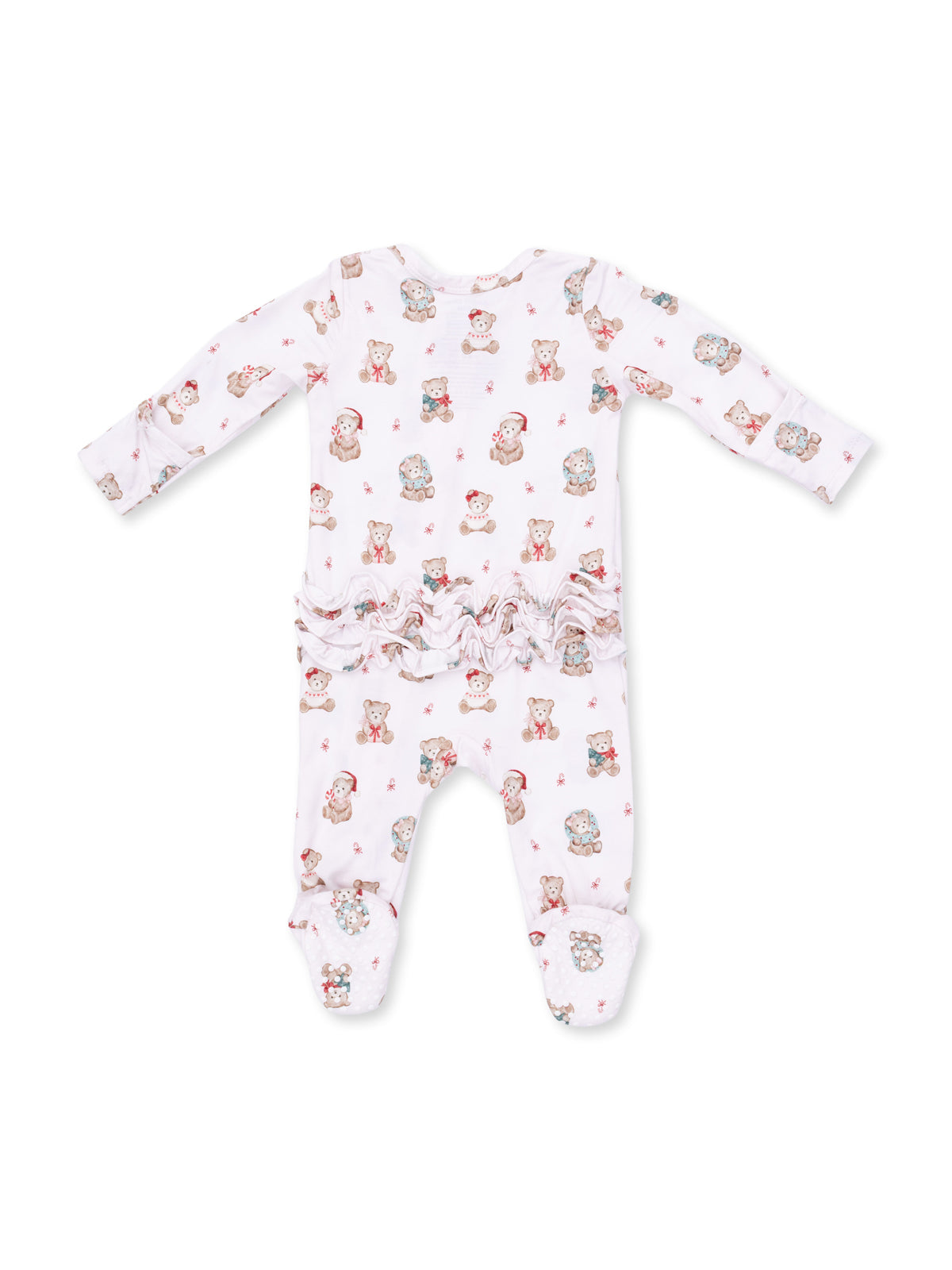 2-Way Zip Ruffle Footie, Christmas Teddy Bears Pink