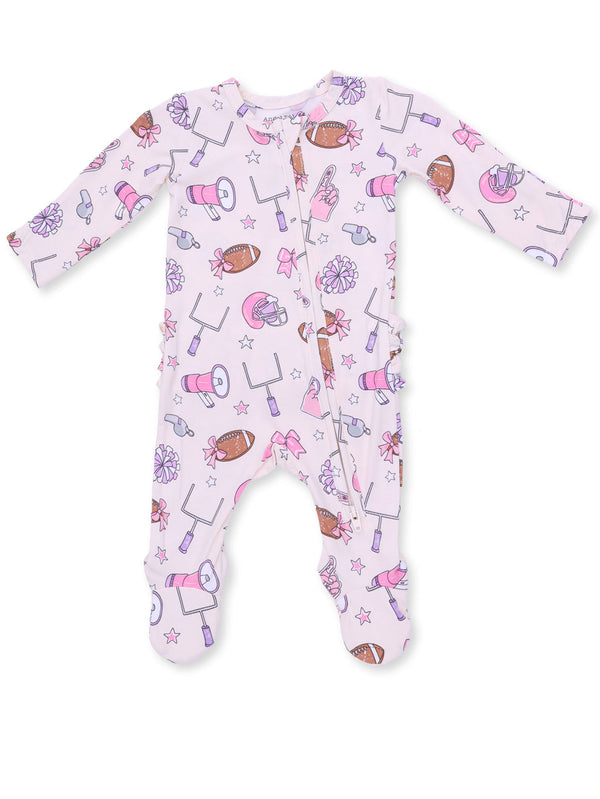 Pink baby onesie with sports-themed designs, including footballs, cheerleaders, and pom-poms.
