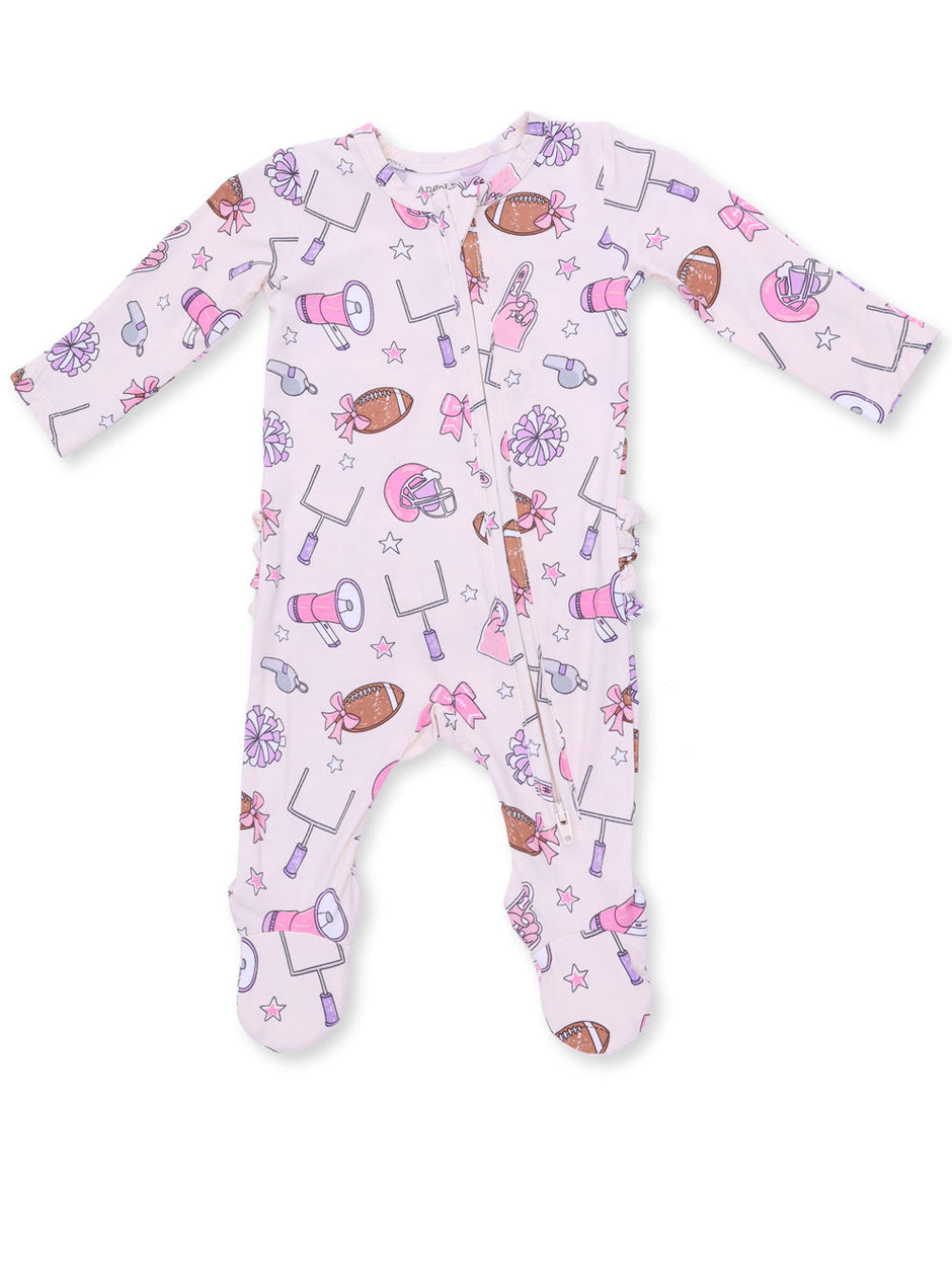 Pink baby onesie with sports-themed designs, including footballs, cheerleaders, and pom-poms.