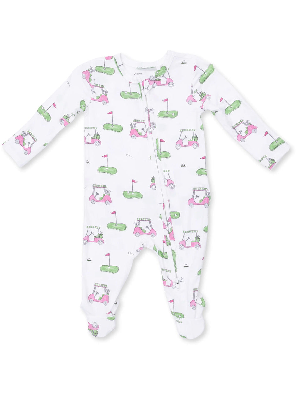White baby onesie with a colorful golf cart and green golf course pattern. Ideal for playful outdoor outings.