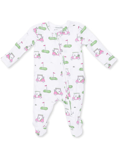 White baby onesie with a colorful golf cart and green golf course pattern. Ideal for playful outdoor outings.