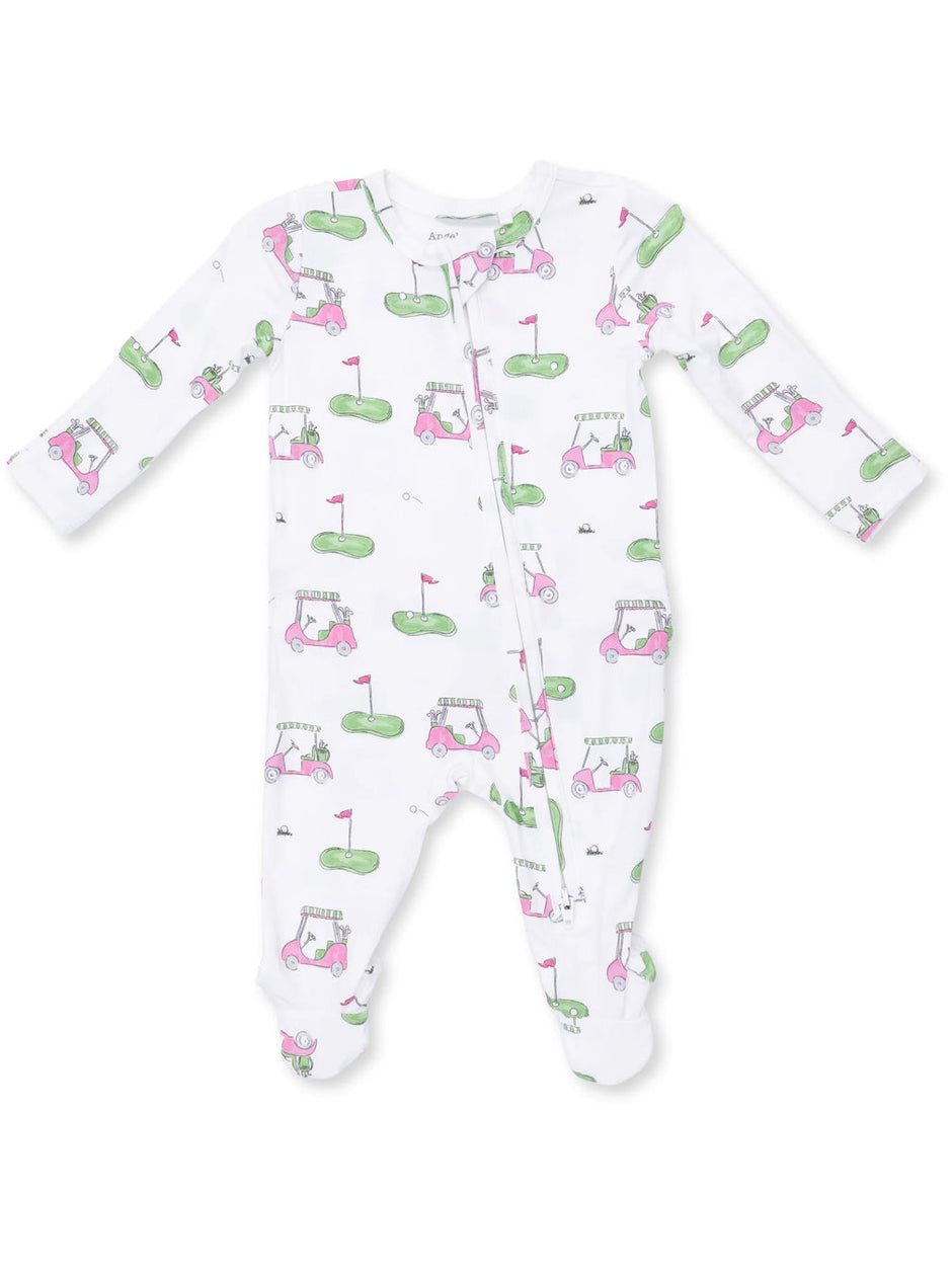 2-Way Zip Ruffle Footie, Golf Carts Pink