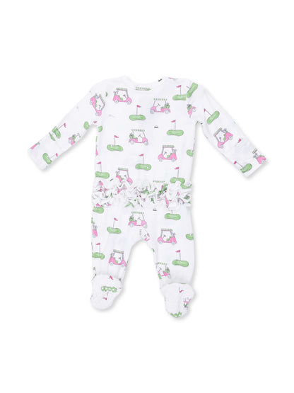 White baby romper with golf-themed print featuring golf carts and flags, accented with ruffled trim at the waist.