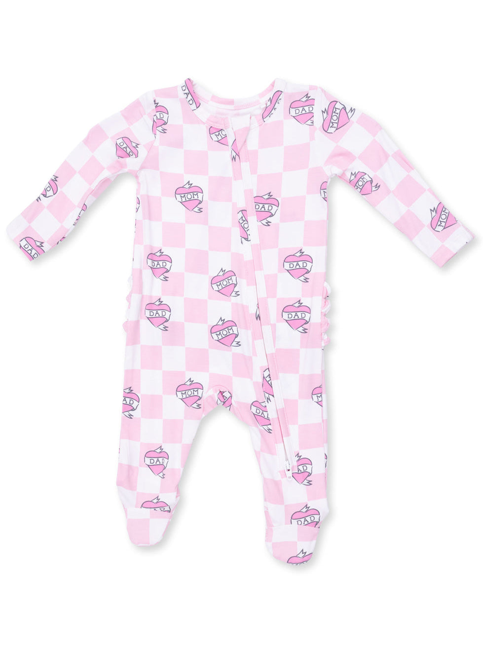 2-Way Zip Ruffle Footie, Heart Tattoo Check Pink