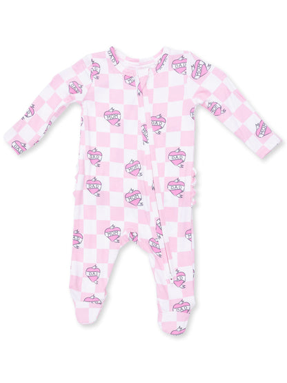 2-Way Zip Ruffle Footie, Heart Tattoo Check Pink