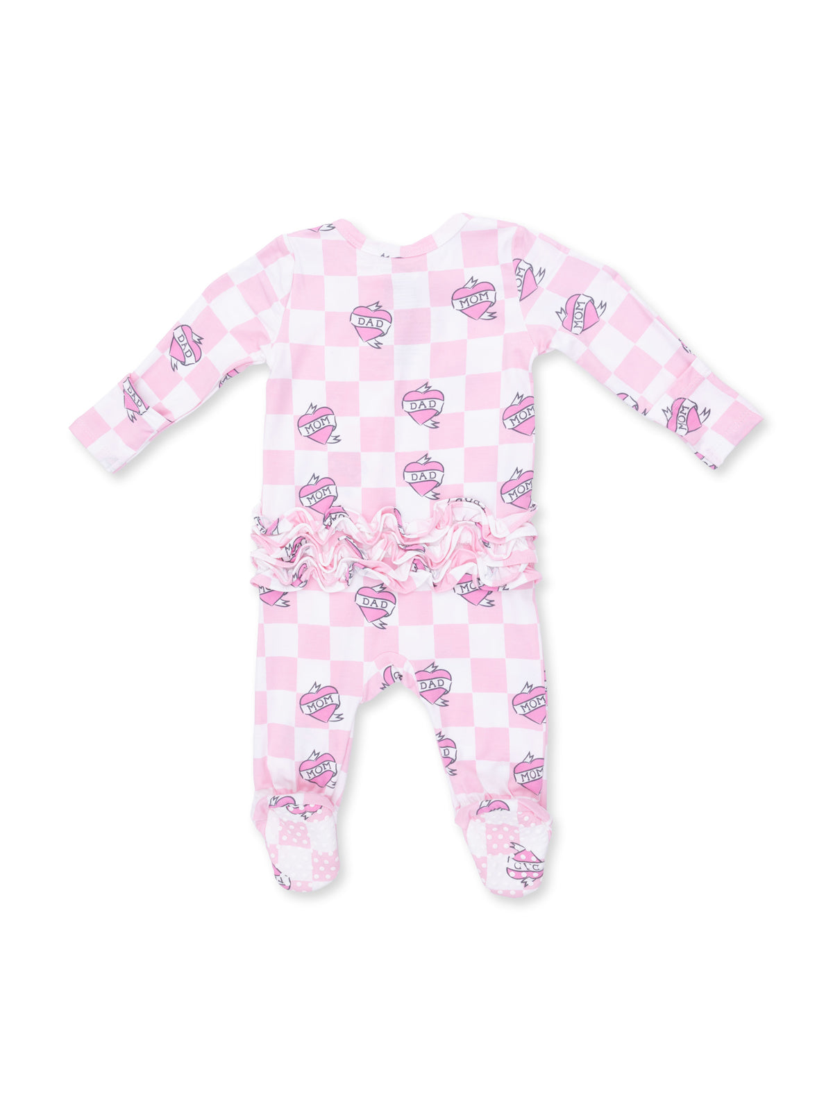 2-Way Zip Ruffle Footie, Heart Tattoo Check Pink