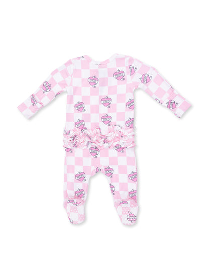 2-Way Zip Ruffle Footie, Heart Tattoo Check Pink