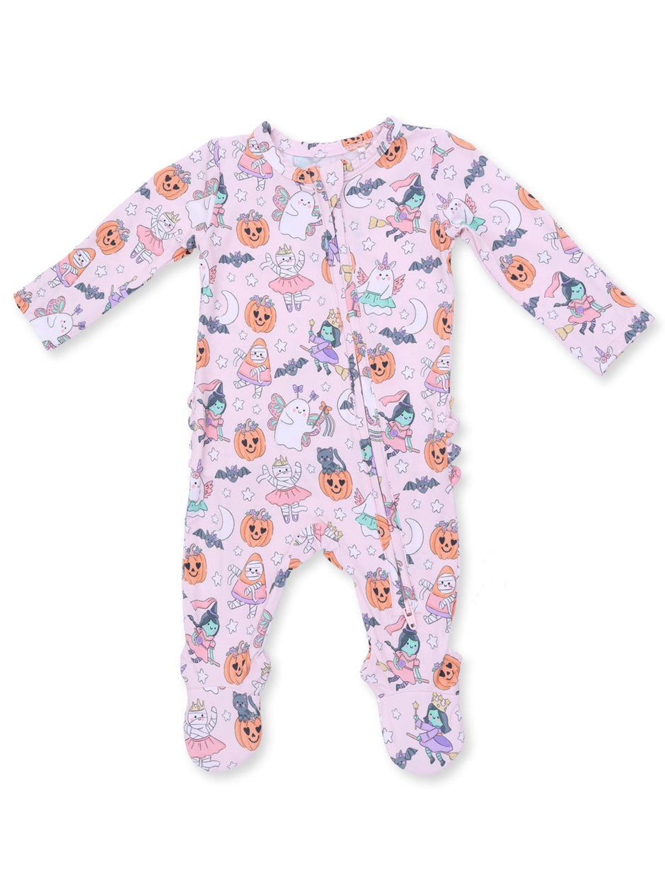Pink baby onesie adorned with colorful Halloween-themed patterns, featuring ghosts, pumpkins, and whimsical characters.