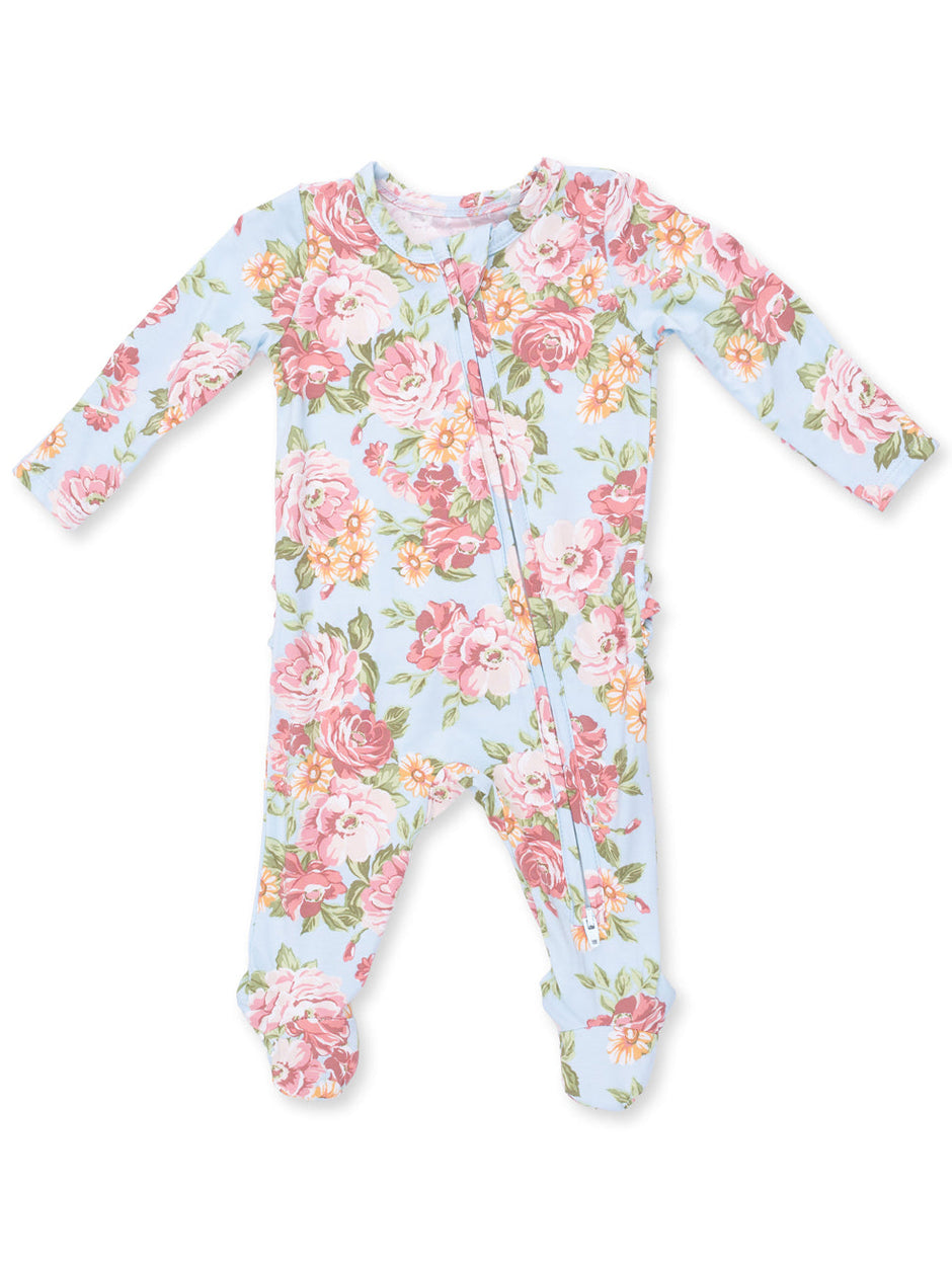 Floral baby onesie in light blue with pink roses and green leaves, featuring long sleeves and a front zipper.