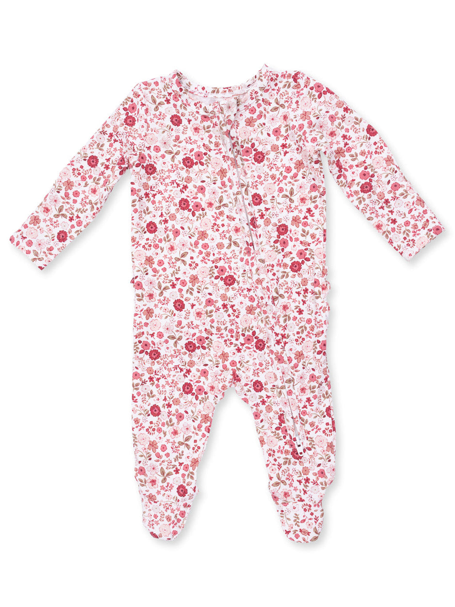 Pink floral infant onesie with long sleeves and footed design, featuring a front zipper. Ideal for comfort and style.