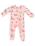 2-Way Zip Ruffle Footie, Vintage Reindeer & Santa Pink