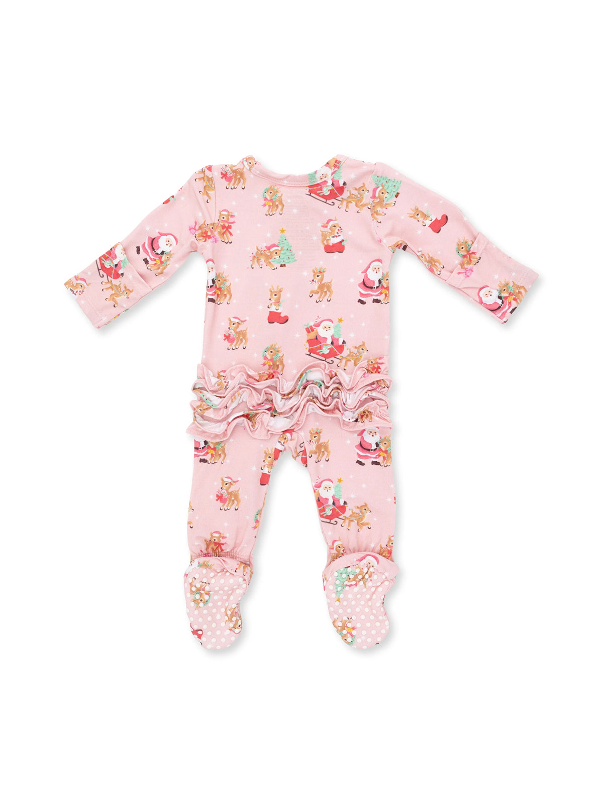 2-Way Zip Ruffle Footie, Vintage Reindeer & Santa Pink