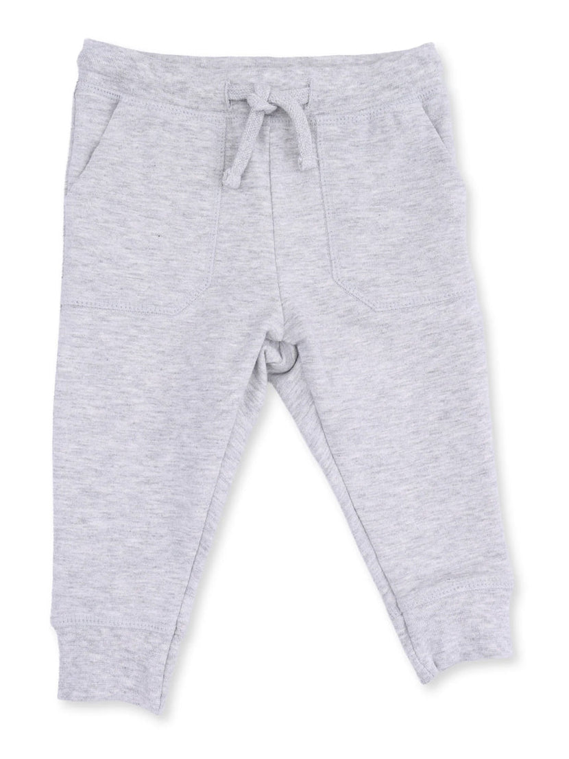 Gray toddler sweatpants with pockets and a drawstring waistband. Soft fabric for comfort and easy wear.