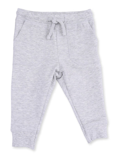 Gray toddler sweatpants with pockets and a drawstring waistband. Soft fabric for comfort and easy wear.