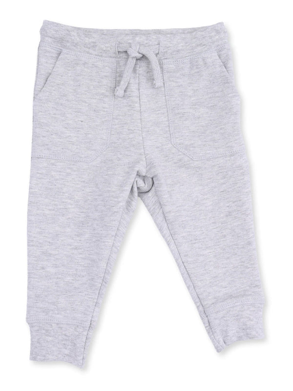 Gray toddler sweatpants with pockets and a drawstring waistband. Soft fabric for comfort and easy wear.