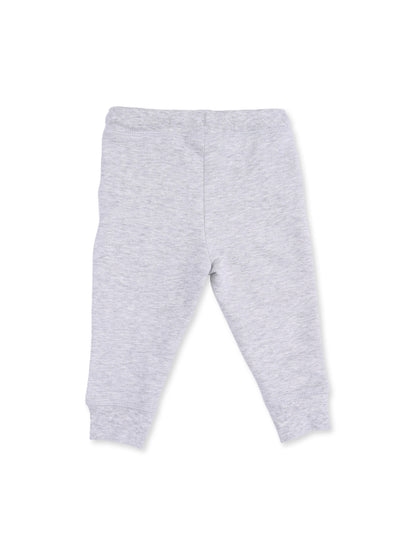 Light grey baby leggings with elastic waistband and fitted cuffs, front view on a white background.