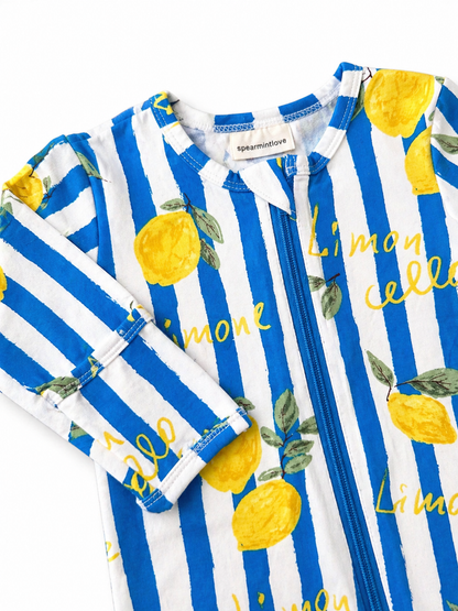 Blue and white striped onesie with lemon print and "Limone" text by Spearmintlove.