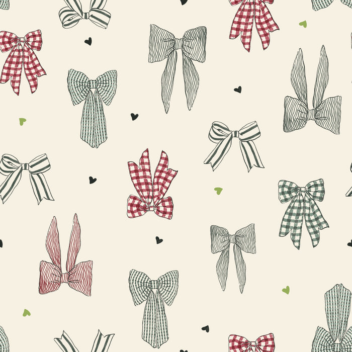 Pattern of various bows in red, green, and black on a light beige background, with small hearts interspersed.