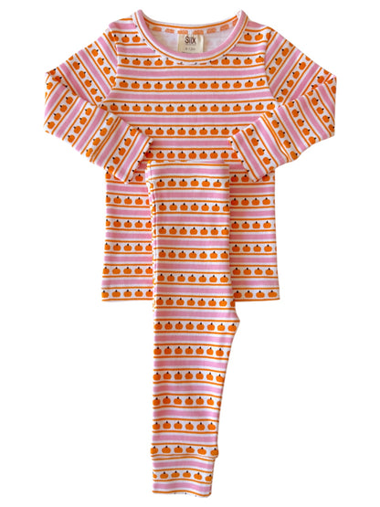 Pink and orange striped pajamas featuring small pumpkin patterns for infants.