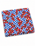 Red tomato pattern on a blue and white checkered fabric, folded neatly.