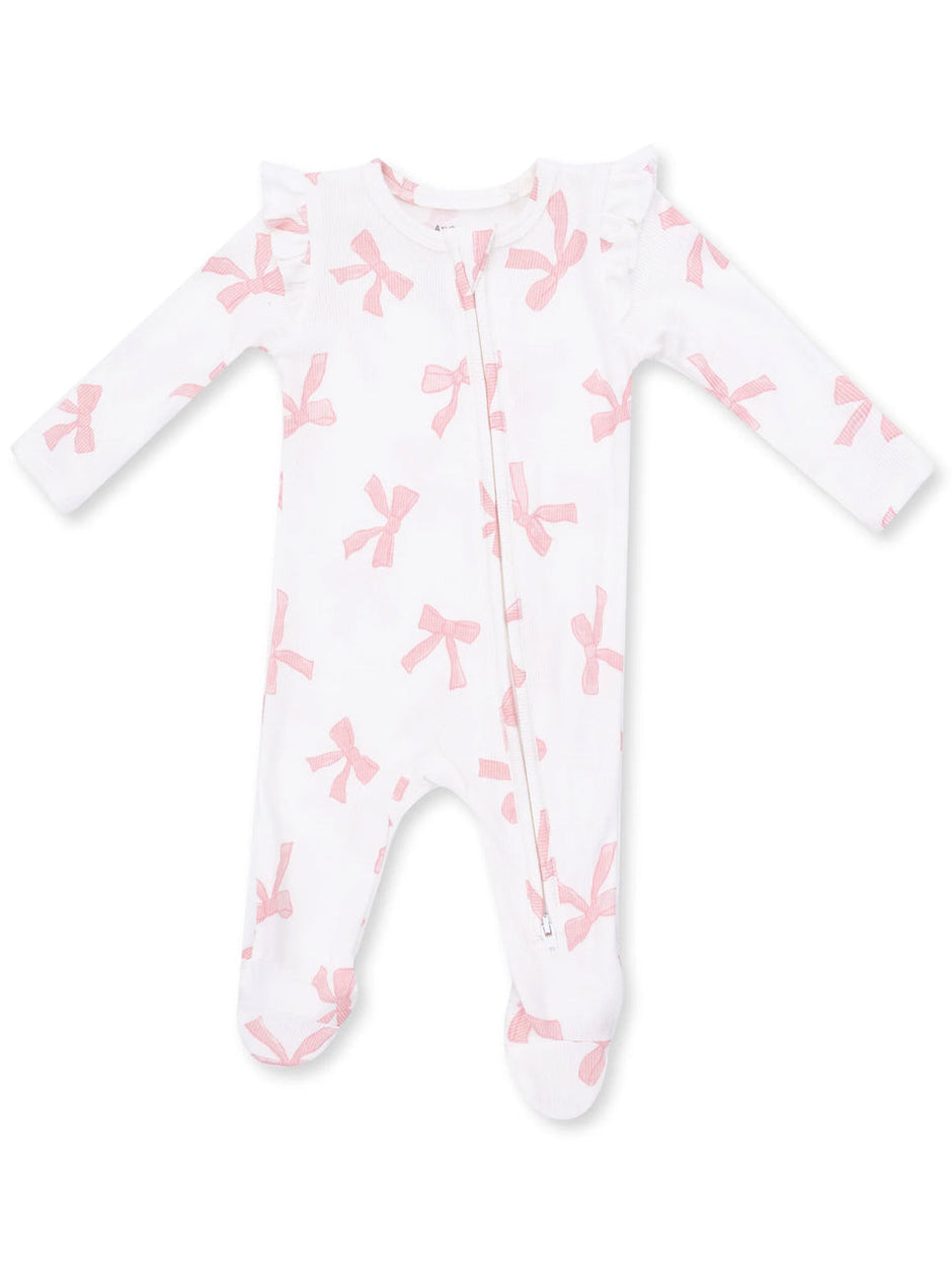 White baby onesie with pink bow patterns and ruffled shoulders, featuring a front zipper closure.