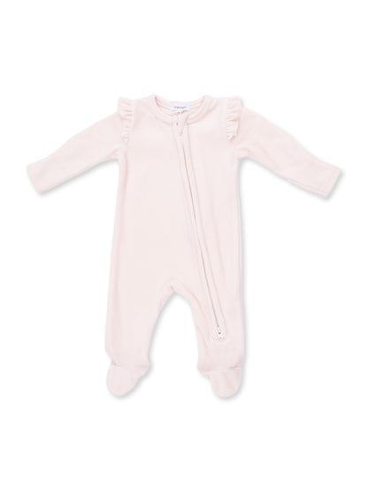 Velour Ruffle Sleeve 2-Way Zip Footie, Soft Pink