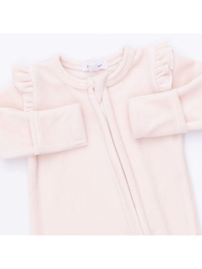 Velour Ruffle Sleeve 2-Way Zip Footie, Soft Pink
