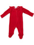 Red baby onesie with long sleeves and ruffle detailing, featuring a full-length zipper and footed design.