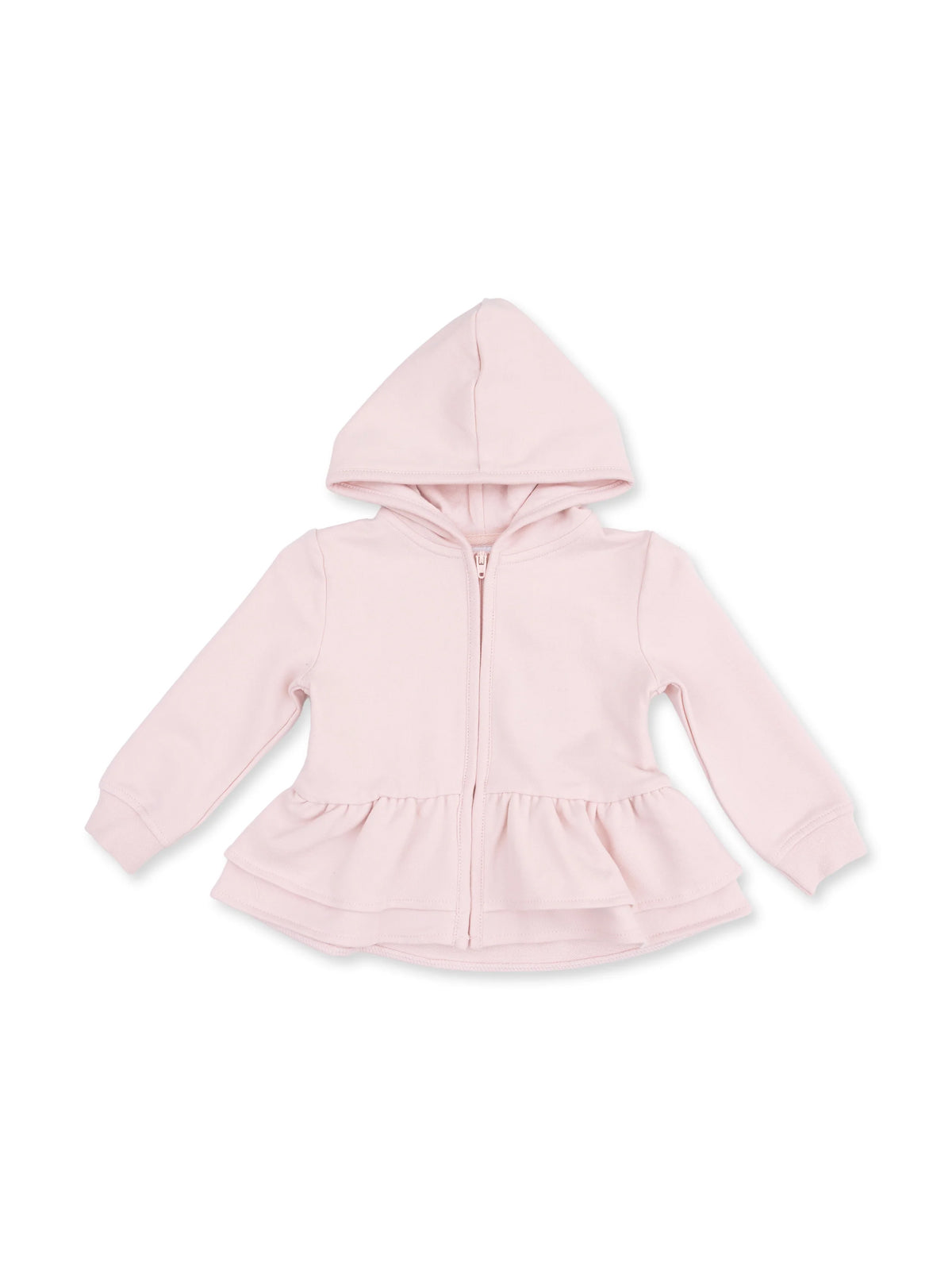 Light pink zip-up hoodie with a peplum design and long sleeves for toddlers. Perfect for layering in cooler weather.