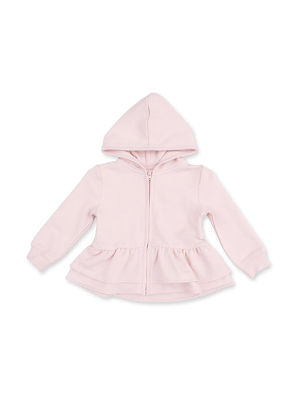 Light pink zip-up hoodie with a peplum design and long sleeves for toddlers. Perfect for layering in cooler weather.