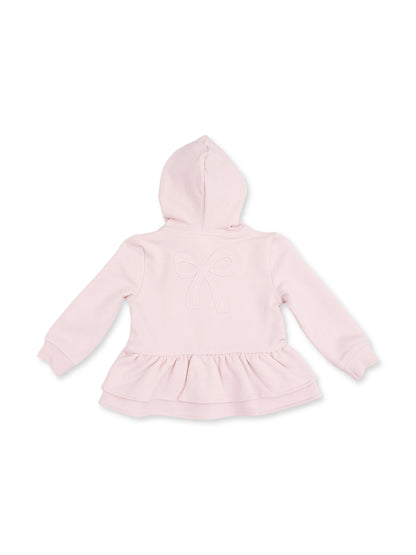 Light pink hoodie for girls with a peplum hem and bow detail on the back. Ideal for casual wear.