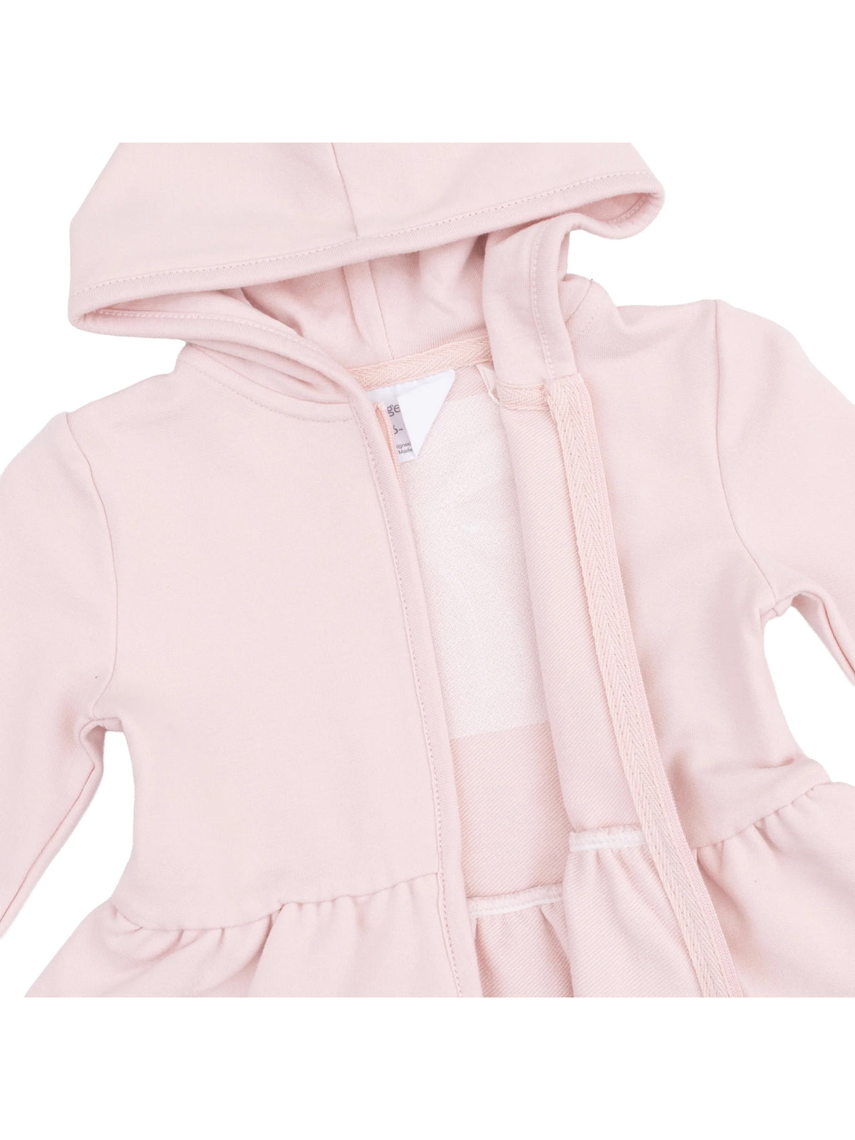 Light pink hooded dress with a zip front and gathered waist, suitable for girls.
