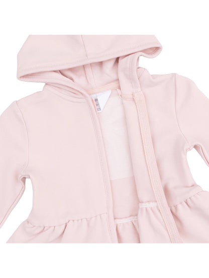 Light pink hooded dress with a zip front and gathered waist, suitable for girls.