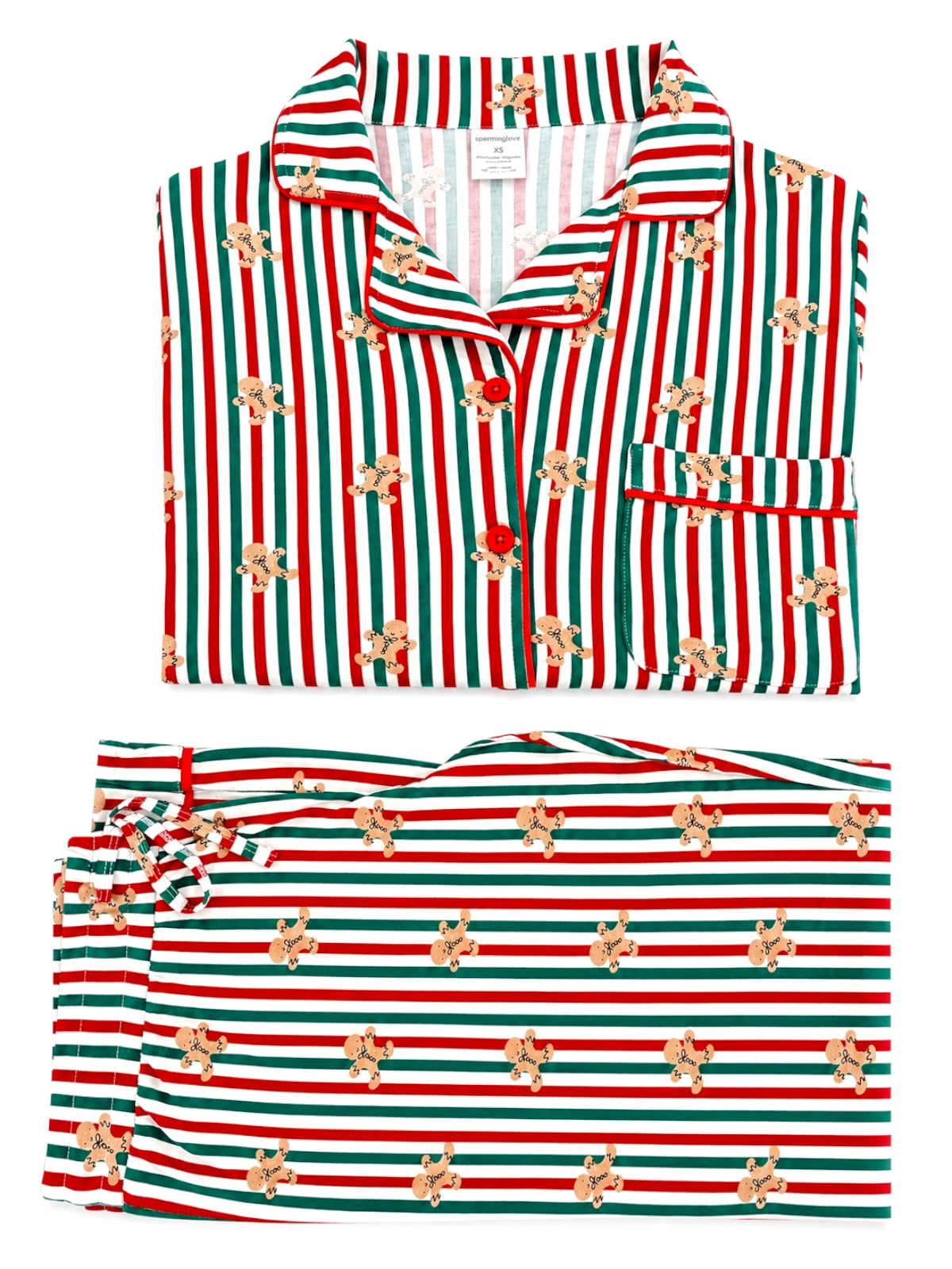 Striped holiday pajamas with gingerbread man pattern in red, green, and cream colors.