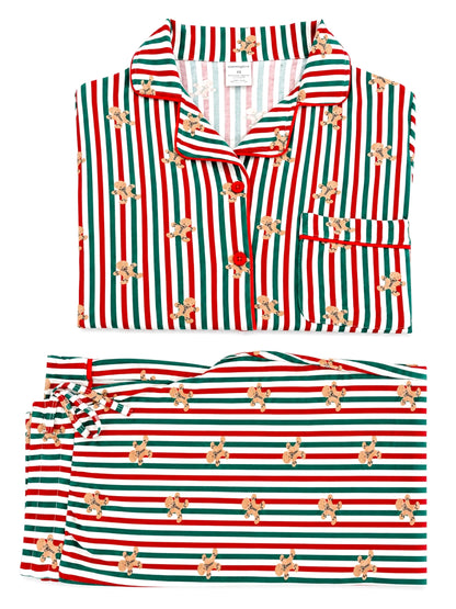 Striped holiday pajamas with gingerbread man pattern in red, green, and cream colors.