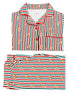 Striped holiday pajamas with gingerbread man pattern in red, green, and cream colors.