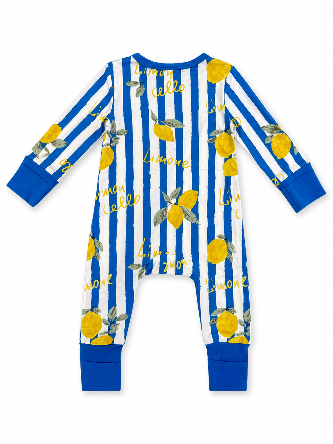Blue striped onesie with lemon prints and "Limone" text. Ideal for kids' playful, vibrant style.