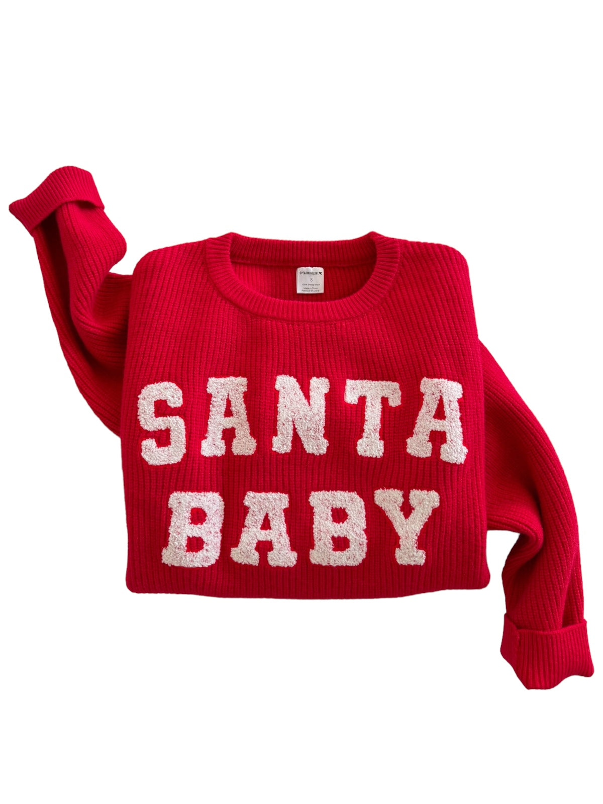 Red sweater with the text "SANTA BABY" in white, cozy ribbed design, perfect for the holiday season.
