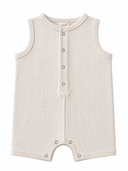 Light beige sleeveless baby onesie with snap buttons and ribbed texture, designed for comfort and style.