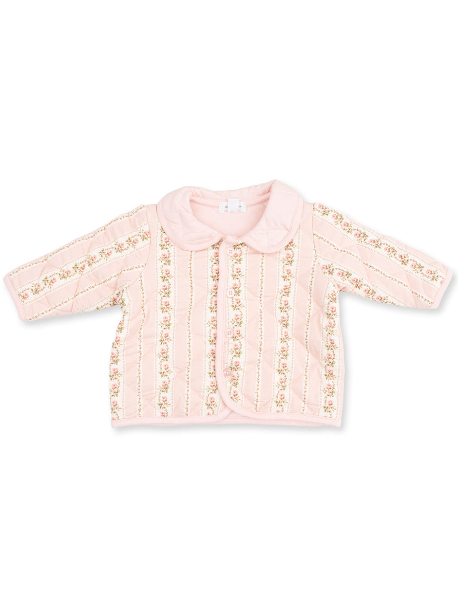 Pink quilted baby jacket with floral embroidery and a rounded collar. Perfect for cozy outings.
