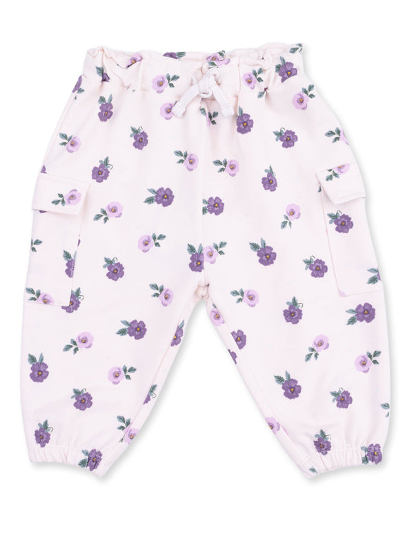 Light pink floral pants with purple flowers and an elastic waistband, designed for comfort and style.