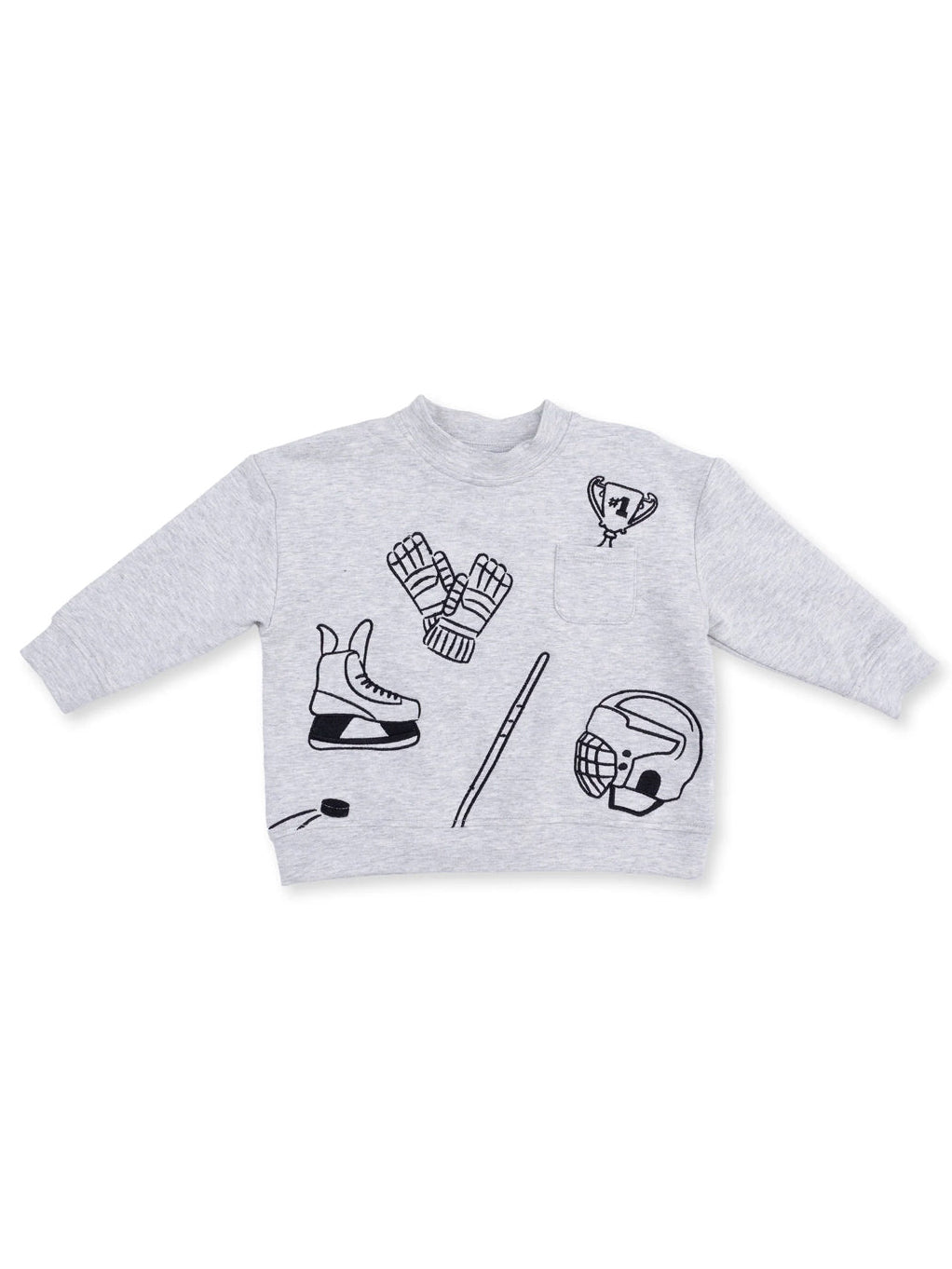 Gray sweatshirt featuring sports-themed graphics like a trophy, ice skates, and hockey gloves.