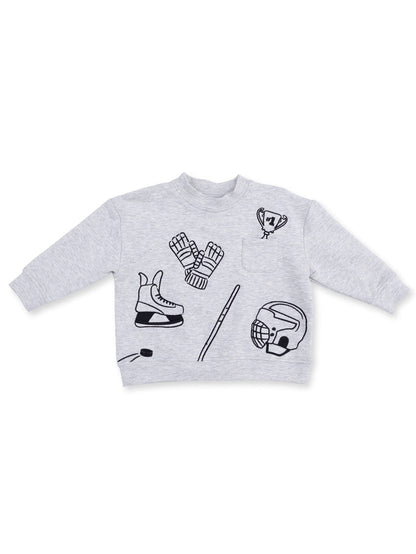 Gray sweatshirt featuring sports-themed graphics like a trophy, ice skates, and hockey gloves.