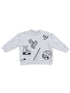 Gray sweatshirt featuring sports-themed graphics like a trophy, ice skates, and hockey gloves.