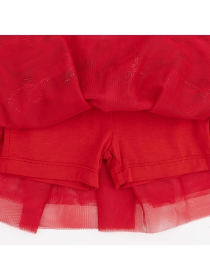 Red mesh top layered over matching red shorts, showcasing a playful and vibrant outfit for kids.